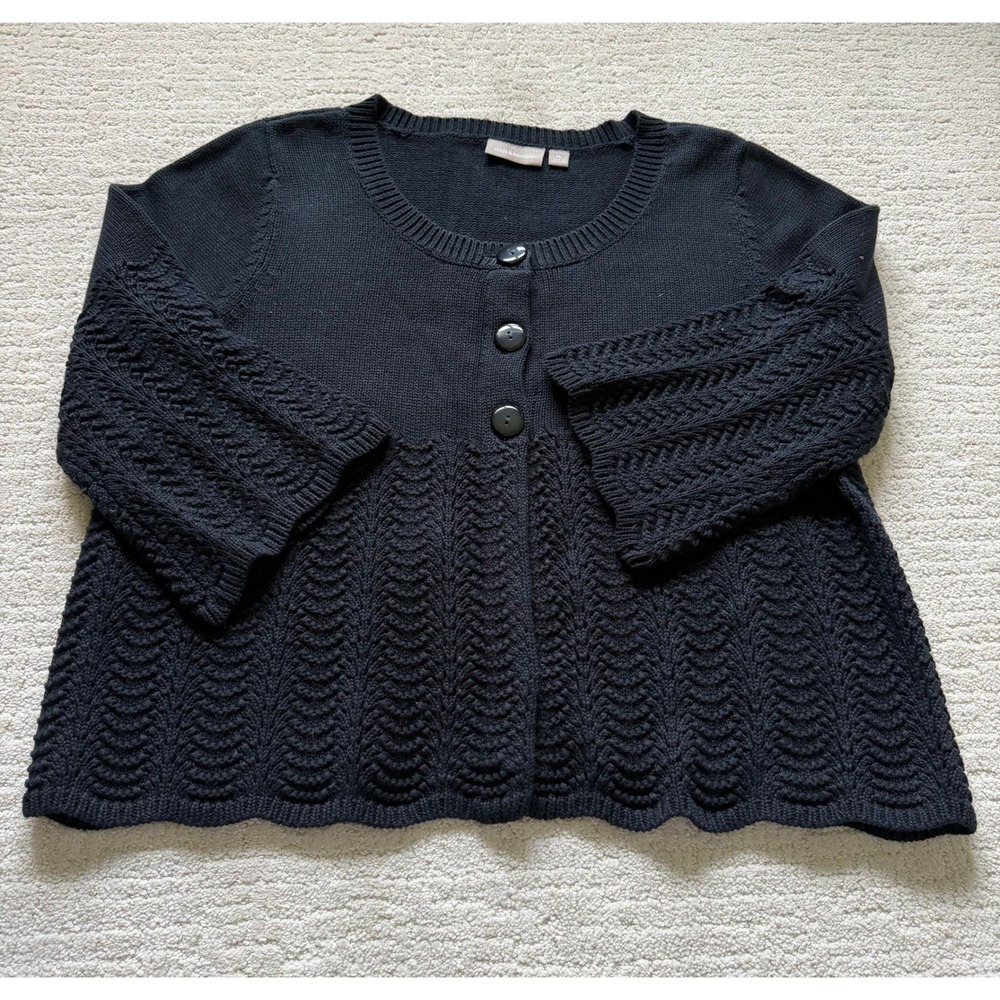 Croft & Barrow Black Cotton Cardigan Sweater XL Pointelle Knit 3/4 Sleeve Button